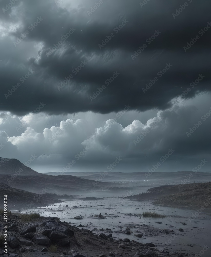 Fototapeta premium Dark grey clouds with a hint of blue on the horizon, with misty rain falling gently from above, rain, landscape, atmosphere