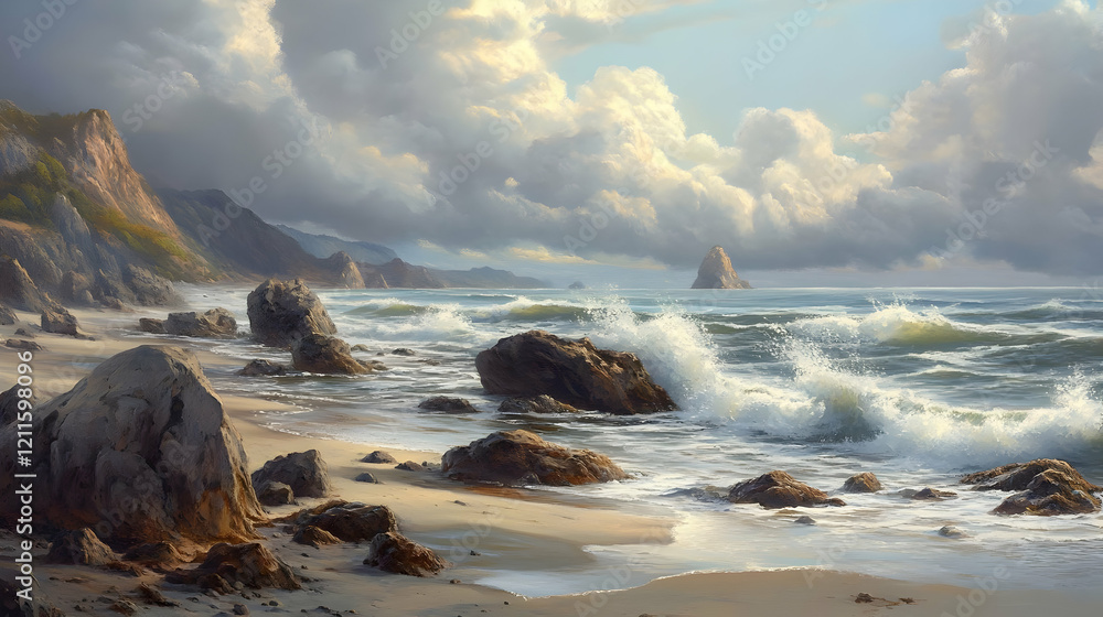Obraz premium Majestic Coastal Scene: Dramatic Ocean Waves Crashing on Rocky Shore