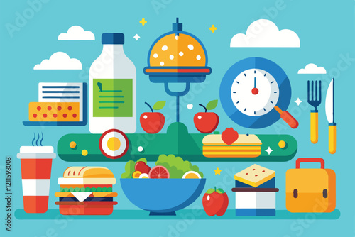 A vibrant lunchtime display showcases various customizable food items and beverages ready for selection, Lunch time Customizable Disproportionate Illustration