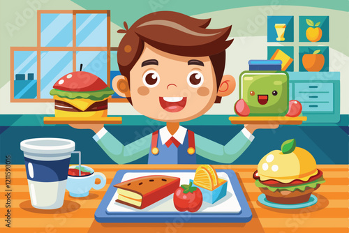 A cheerful boy holds a burger and a quirky snack while surrounded by delightful lunch items, Lunch time Customizable Cartoon Illustration