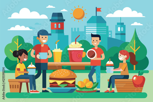 Groups of friends enjoy customizable lunch options, drinks, and desserts in a sunny park setting, Lunch time Customizable Flat Illustration