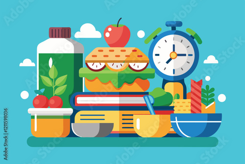 A colorful arrangement of various lunch items, including a sandwich, fruits, and a timer, perfect for meal prep, Lunch time Customizable Disproportionate Illustration