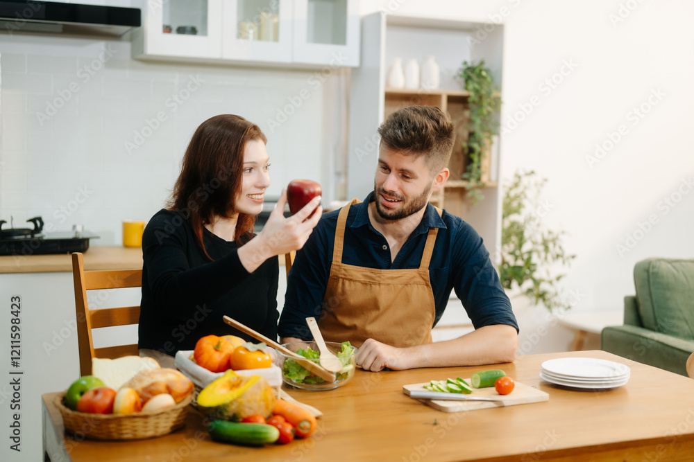 Discover a joyful couple preparing fresh vegetables, embracing healthy eating and teamwork in a vibrant kitchen Discover a joyful couple preparing fresh vegetables, embracing healthy eating and teamwork in a vibrant kitchen