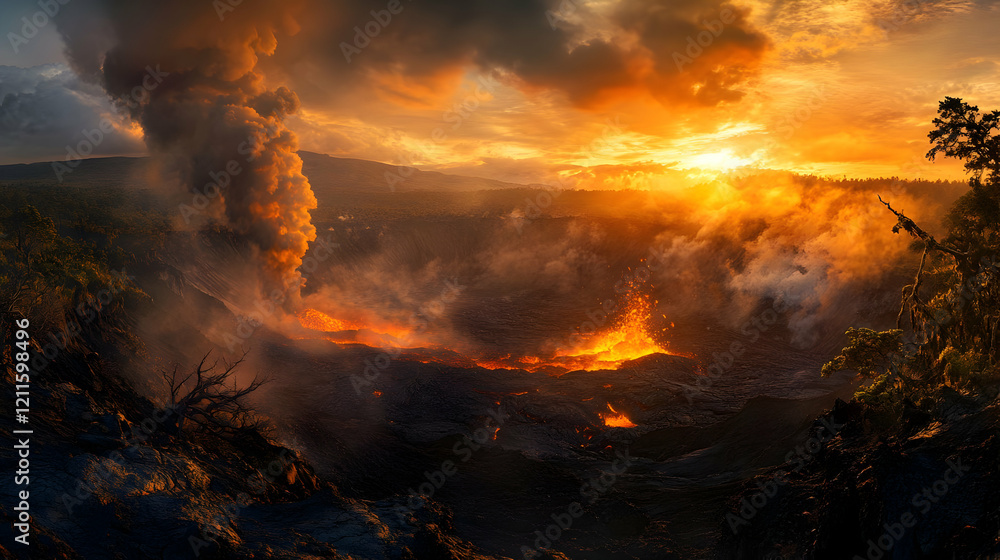 Fototapeta premium Fiery Sunset Over Volcanic Eruption: A Dramatic Landscape