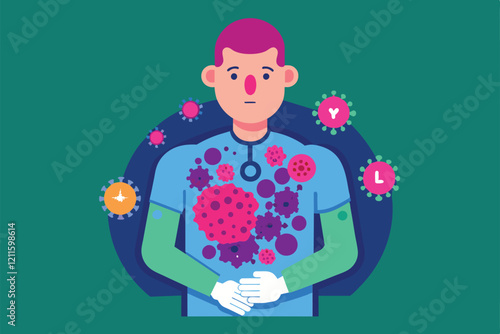 A person is depicted with various lymphoma cells and symptoms, highlighting the cancer's effects visually, Lymphoma Customizable Disproportionate Illustration