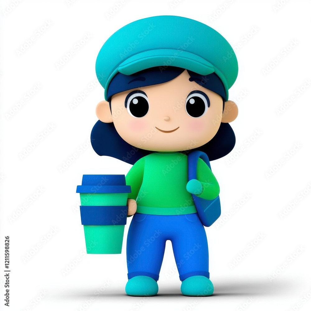 A cheerful cartoon character holding a coffee cup, dressed in vibrant blue and green attire, with a matching cap and backpack. A cheerful cartoon character holding a coffee cup, dressed in vibrant blue and green attire, with a matching cap and backpack.