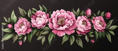 Wallpaper Mural Elegant pink peony flowers with lush green leaves arranged prominently on a dark background creating a stunning visual for banners or messages. Torontodigital.ca