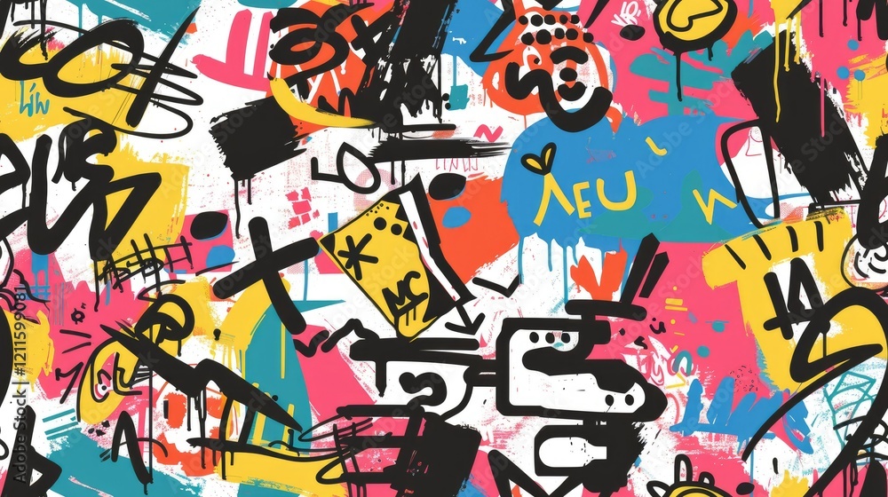 Obraz premium A vibrant abstract design featuring colorful splashes, shapes, and graffiti-like elements.