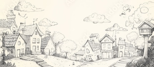 Wallpaper Mural Charming black and white sketch of a quaint village with whimsical houses, fluffy clouds in the sky, and a rustic birdhouse on a grassy hill. Torontodigital.ca