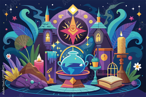 A mystical setting features a globe, candles, and alchemical symbols, evoking magic and ancient knowledge, Magic, occultism and alchemy,