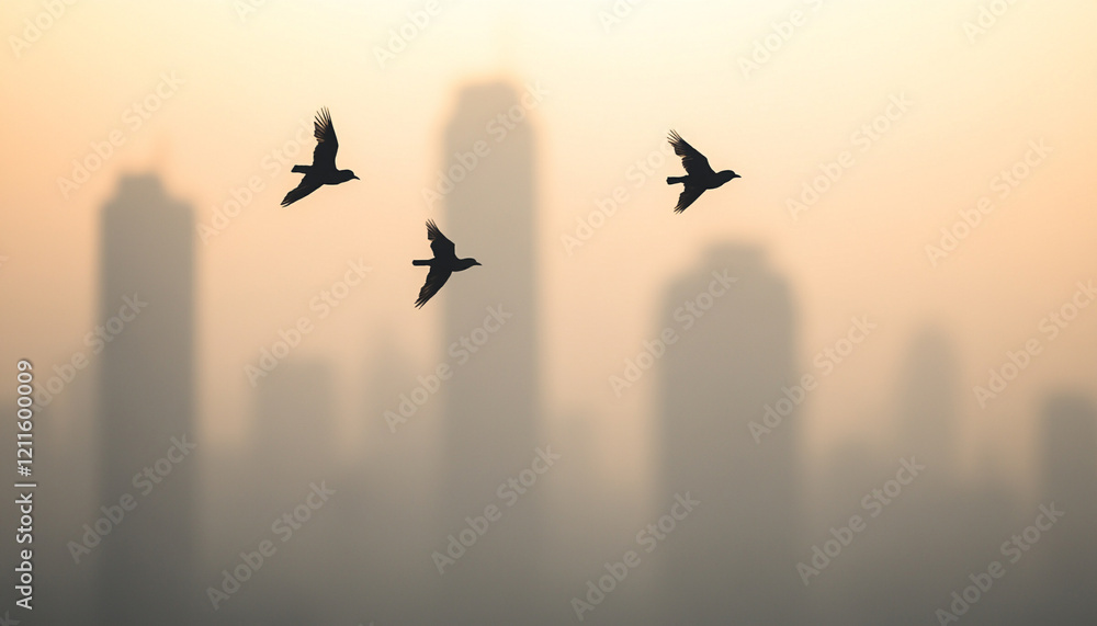 Fototapeta premium Silhouetted birds flying over a city skyline at sunset of PM 2.5 pollution.