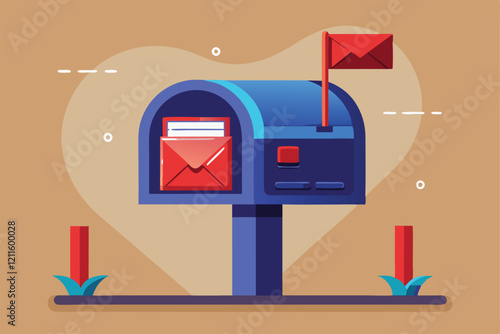 A creatively styled mailbox stands prominently with colorful envelopes and a cheerful flag in a playful environment, Mailbox Customizable Disproportionate Illustration