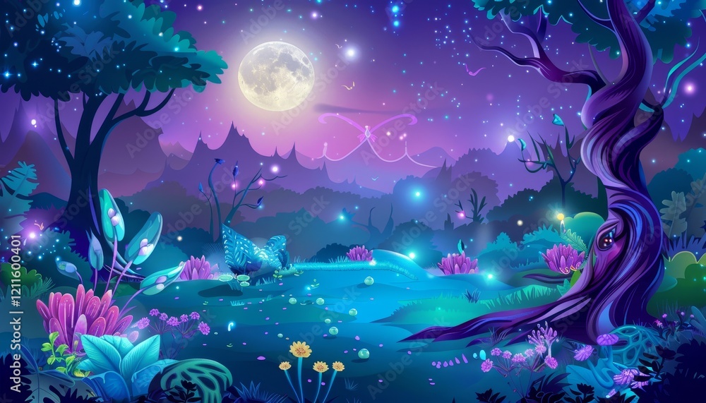 A magical forest scene with glowing flowers, a full moon, and fireflies. A magical forest scene with glowing flowers, a full moon, and fireflies.