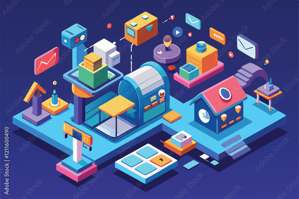 A vibrant isometric illustration depicting a customizable mail delivery system with various components and graphics, Mail Customizable Isometric Illustration A vibrant isometric illustration depicting a customizable mail delivery system with various components and graphics, Mail Customizable Isometric Illustration