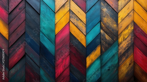 3d wooden background featuring a bold, colorful chevron pattern, where each segment of the chevron design is painted in bright colors like teal, gold, violet, and crimson photo