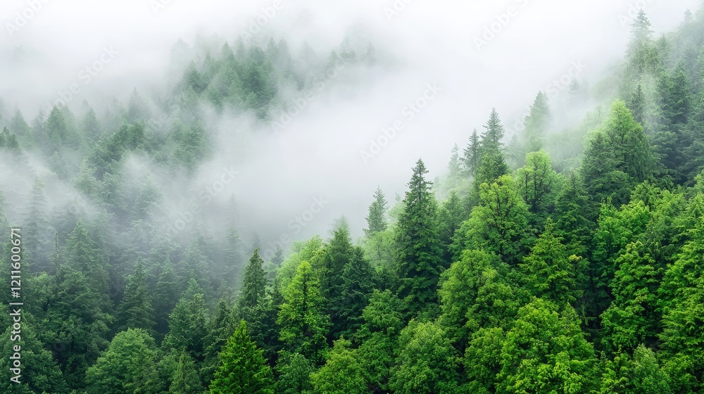 Misty mountain forest, green trees, fog, scenic view, nature background, ideal for travel brochures Misty mountain forest, green trees, fog, scenic view, nature background, ideal for travel brochures