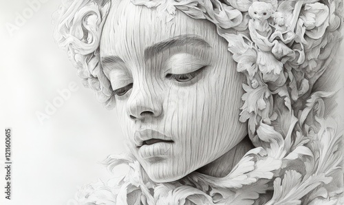 Wallpaper Mural Penciled portrait, wood-grain texture, floral headdress. Torontodigital.ca