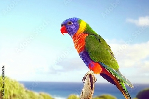A colorful rainbow lorikeet perched on a branch, its plumage gleaming under the morning sunlight.