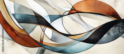 Dynamic curves in earthy tones of brown, blue, and cream create a minimalist abstract art piece with flowing lines and smooth transitions.