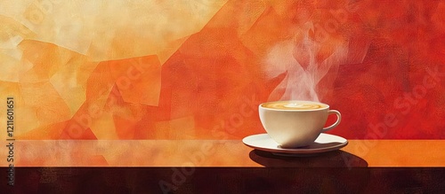Steaming cappuccino in white cup on polished wood table with warm orange and yellow abstract background highlighting inviting coffee warmth