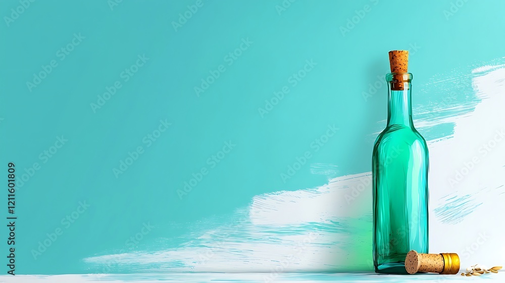 A bottle of liquid with a cork stopper and a bunch of white A bottle of liquid with a cork stopper and a bunch of white