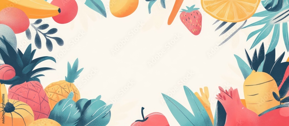 Fototapeta premium Colorful grocery items including bananas oranges strawberries and leafy greens arranged in a vibrant frame on a light background for culinary quotes