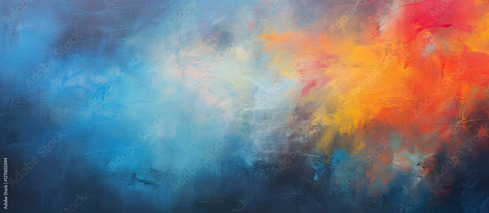 Obraz premium Colorful abstract painting with vibrant blue, orange, and yellow hues on a dark background, blurred effect for an artistic gallery feel.