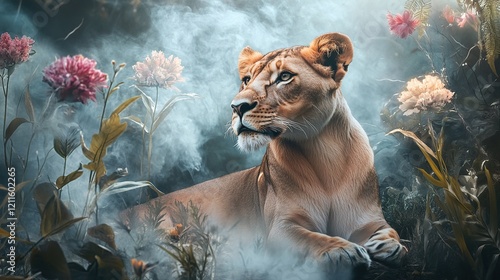 Majestic lioness resting amidst smoky flowers.