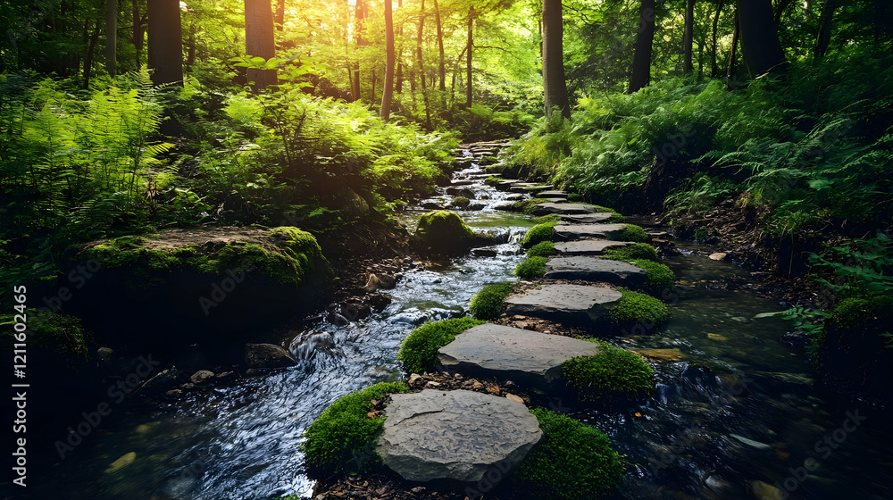 Obraz premium Serene Forest Walk: Stone Path Along a Gentle Stream