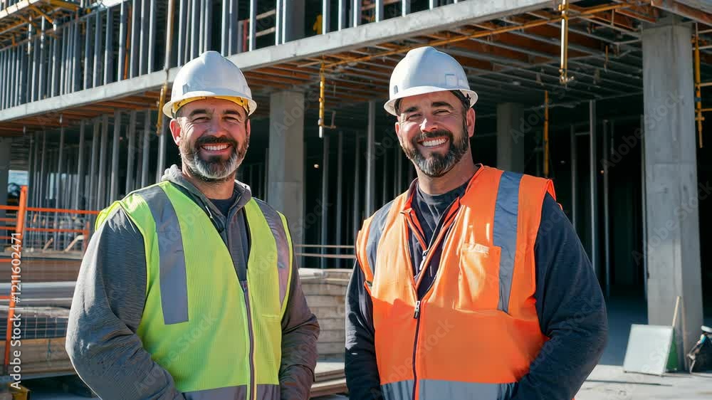 Construction Workers: Two smiling construction workers in safety gear stand proudly in front of a building under construction, showcasing their expertise and teamwork. Construction Workers: Two smiling construction workers in safety gear stand proudly in front of a building under construction, showcasing their expertise and teamwork.