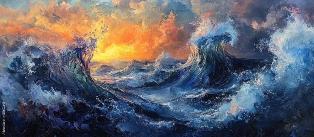 Naklejka premium Vibrant aerial view of turbulent ocean waves in deep blue and teal, contrasting with a golden-orange sunset, showcasing nature's raw power.