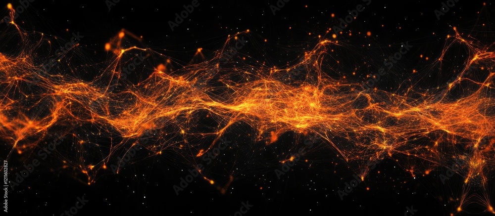 A dynamic orange and gold abstract network of connections on a black background illustrating the fusion of technology and communication. A dynamic orange and gold abstract network of connections on a black background illustrating the fusion of technology and communication.