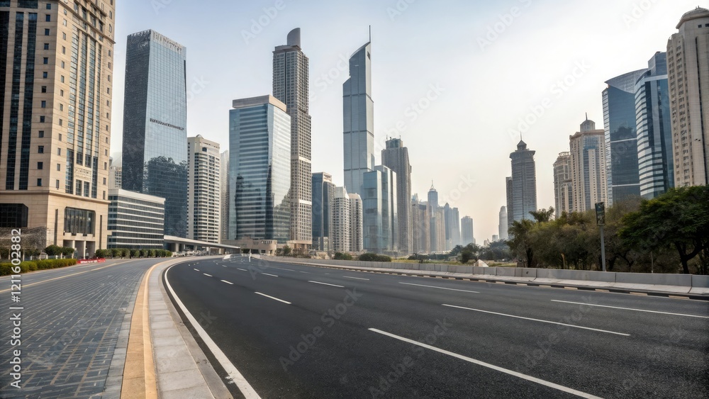 Empty asphalt road passing through the heart of a modern city amidst towering skyscrapers and office buildings, concrete highway, urban sprawl, high-rise buildings, empty road, modern cityscape Empty asphalt road passing through the heart of a modern city amidst towering skyscrapers and office buildings, concrete highway, urban sprawl, high-rise buildings, empty road, modern cityscape