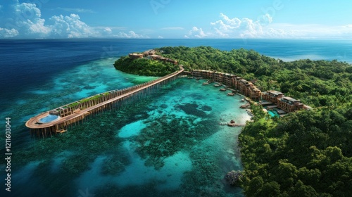 Wallpaper Mural Tropical Island Resort Aerial View, Pier, Ocean, Lush Vegetation, Development Torontodigital.ca