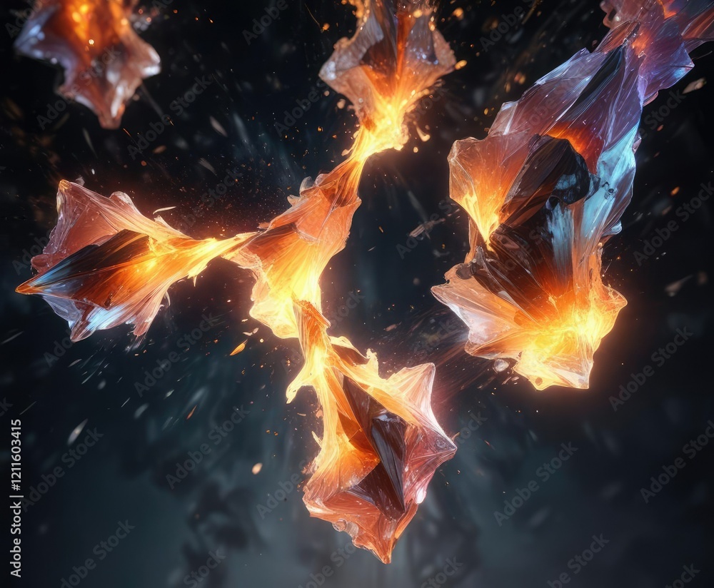 Fototapeta premium Ethereal flames entwined with crystalline shards suspended in mid-air, shimmering veil, ethereal light, frozen moment