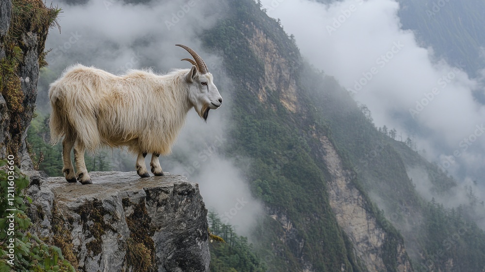 Obraz premium Journeying through the misty mountains where mountain goats navigate steep cliffs with remarkable agility. 