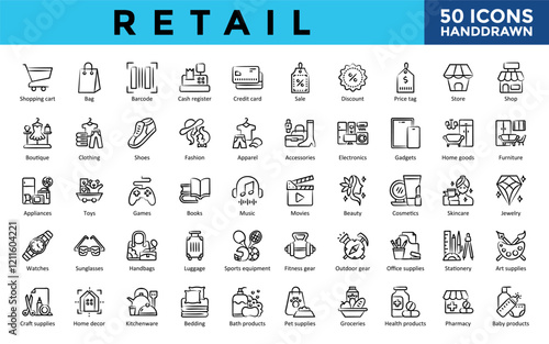 Retail icons set with shopping cart, bag, barcode, cash register, credit card, sale, discount, price tag, store, shop icon. Simple handdrawn vector 
