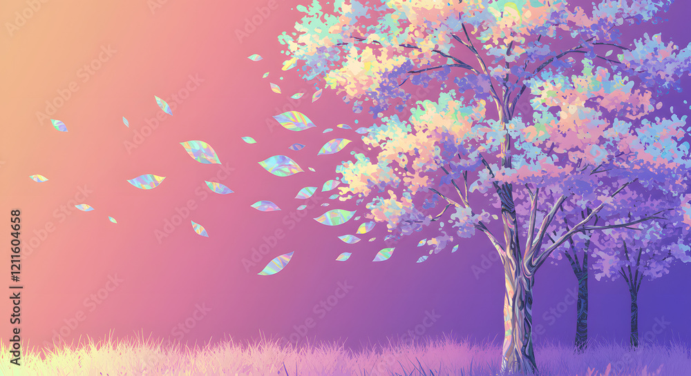 Fototapeta premium A surreal landscape with vibrant trees and falling leaves.