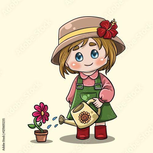 Woman gardener in kawaii style