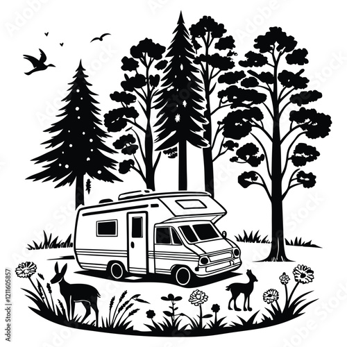 Camping Camper Caravan Trailer Vector Illustration for Clipart

