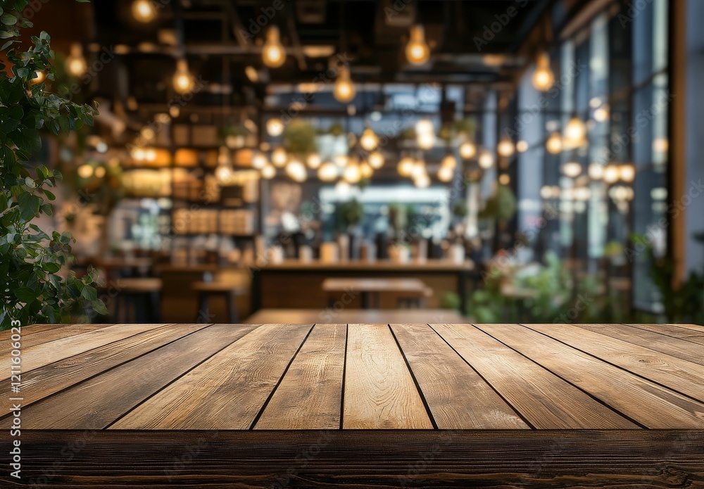 Empty wooden table in blurred cafe background. Empty wooden table in blurred cafe background.
