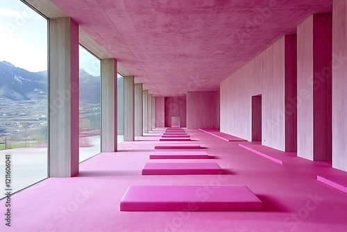 Pink Hallway With Mountain View And Seating