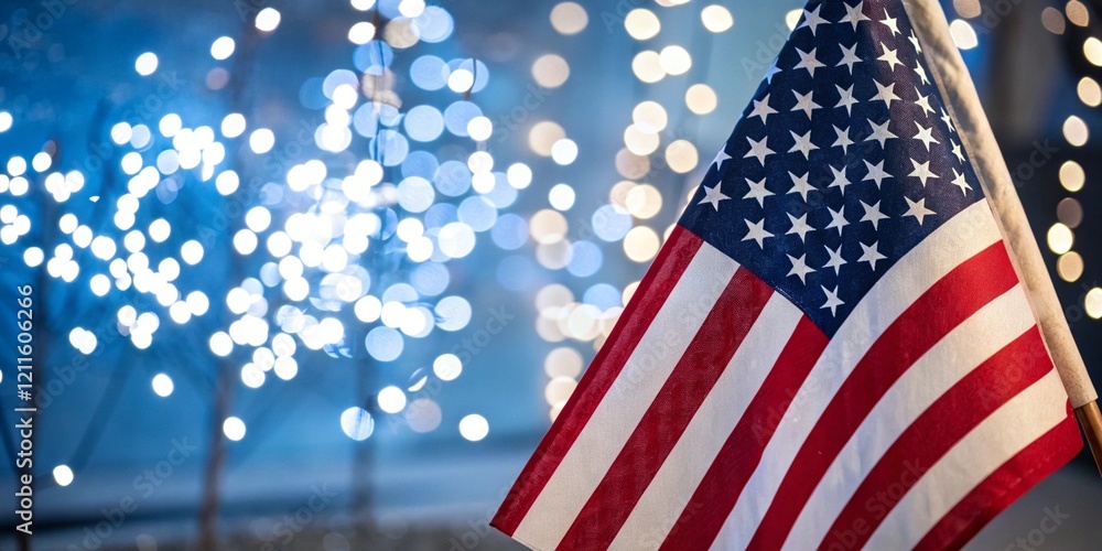 Fototapeta premium Patriotic United States Flag with Beautiful Glittering Blue Light Background 