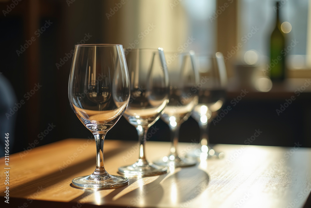 Four empty wine glasses on a wooden table with a bottle in the background Four empty wine glasses on a wooden table with a bottle in the background