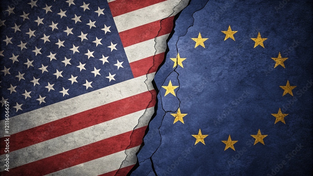 Obraz premium united states and eu flags torn apart with dramatic fracture, symbolizing disagreement 