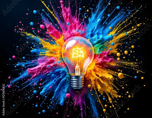 Creative explosion of vibrant blue, yellow, and pink paint splashes around a glowing light bulb, symbolizing innovation and ideas. Horizontal artistic composition.