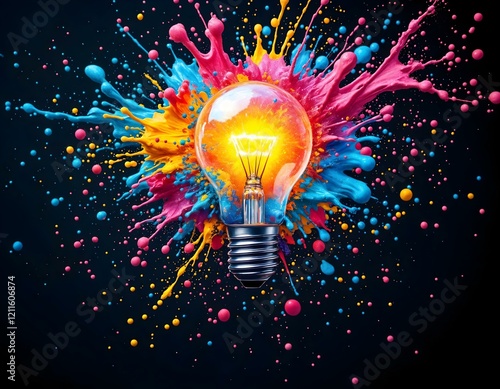 Creative explosion of vibrant blue, yellow, and pink paint splashes around a glowing light bulb, symbolizing innovation and ideas. Horizontal artistic composition.