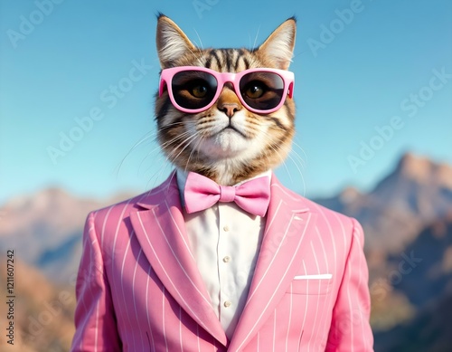 Stylish tabby cat wearing pink sunglasses, a striped pink suit, and a matching bow tie against a pastel sky background. Horizontal whimsical design.