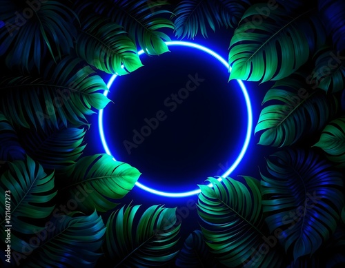 Neon tropical frame with glowing blue and pink lights surrounded by lush green leaves, creating a vibrant futuristic design. Horizontal composition.