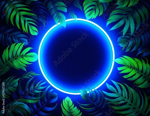Neon tropical frame with glowing blue and pink lights surrounded by lush green leaves, creating a vibrant futuristic design. Horizontal composition.